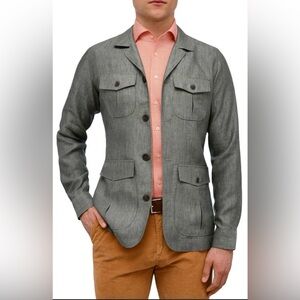 $398 NWOT EMANUEL BERG Men's Ryan Khaki Linen Overshirt Shirt Jacket Size 52
